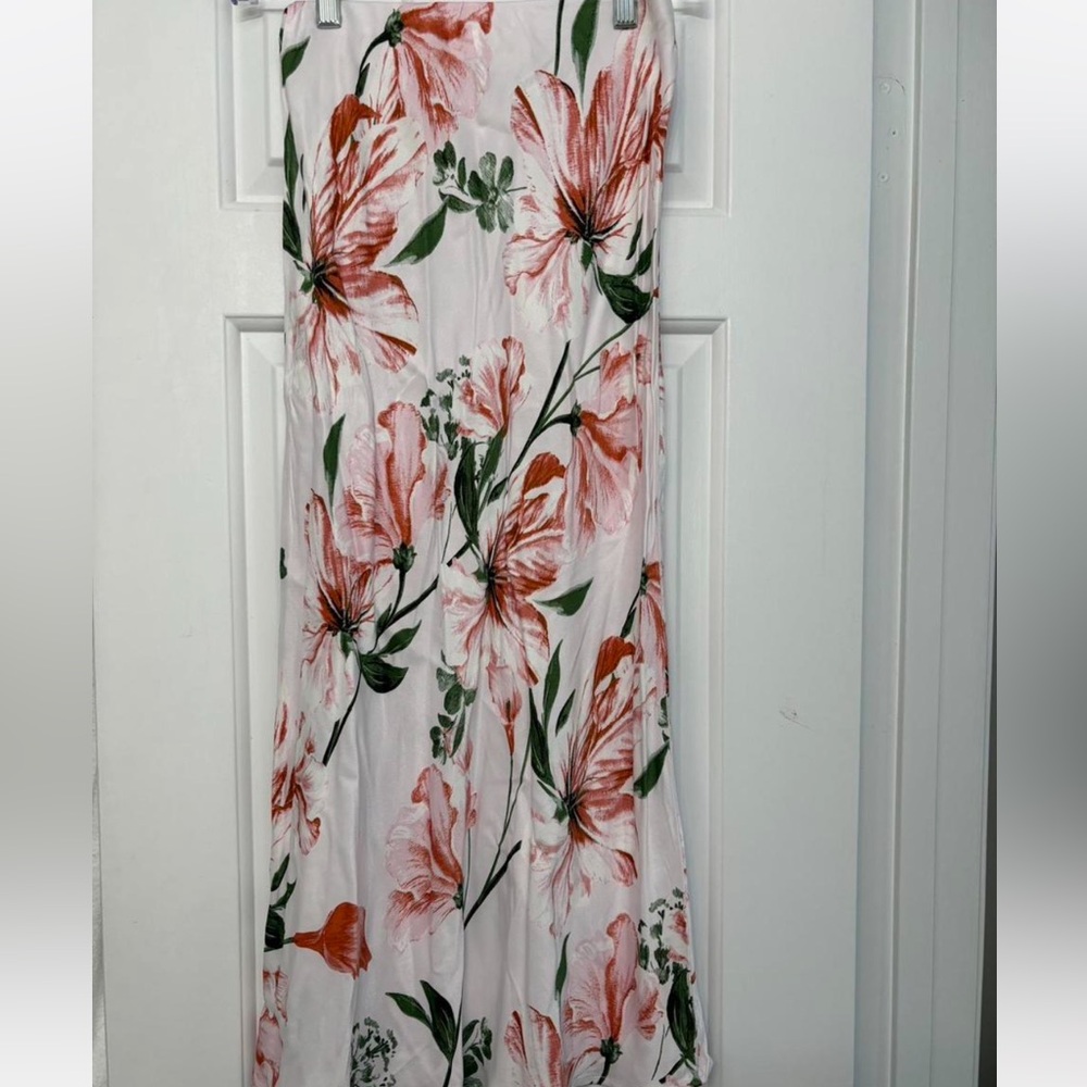 Anthropology satin pink white floral maxi/midi skirt